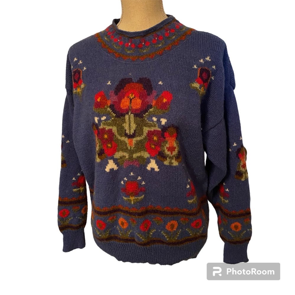 SUSAN BRISTOL SWEATER CREWNECK BLUE WOOL LONG SLEEVE FLORAL EMBROIDERY SIZE 40 M